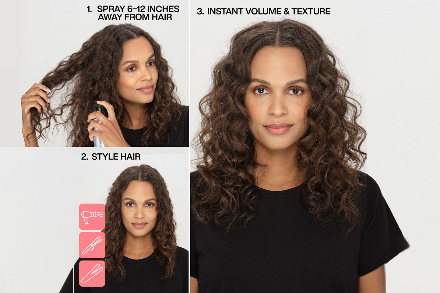 Step-by-step guide on styling hair with product application and final look using redken dry texture spray
