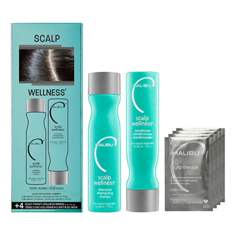 Malibu C Scalp wellness kit including scalp wellness shampoo, conditioner and treatments