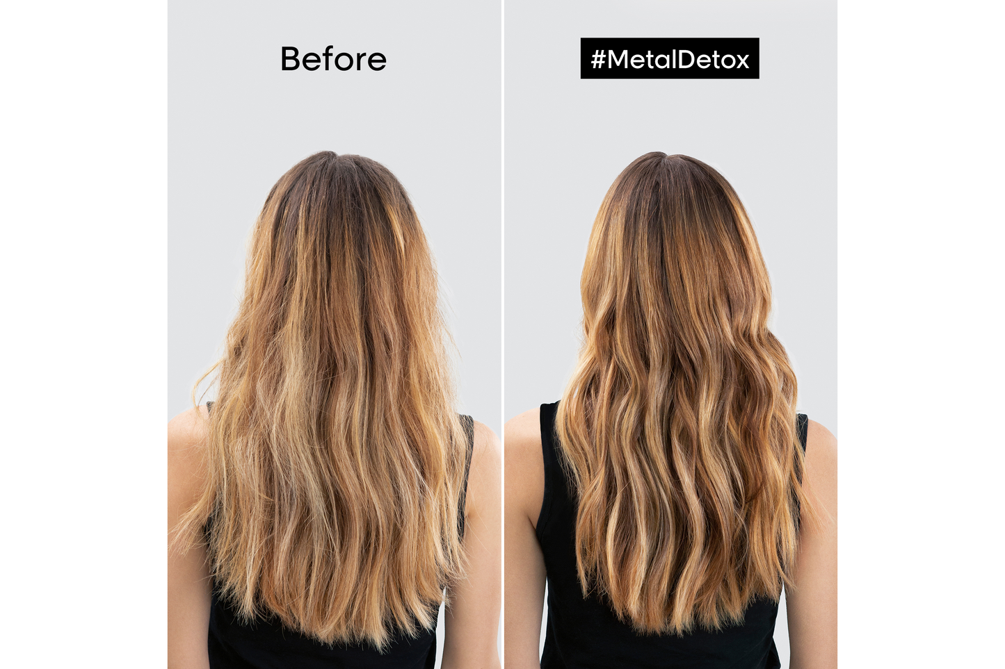 Before and after comparison of hair with '#MetalDetox' treatment.