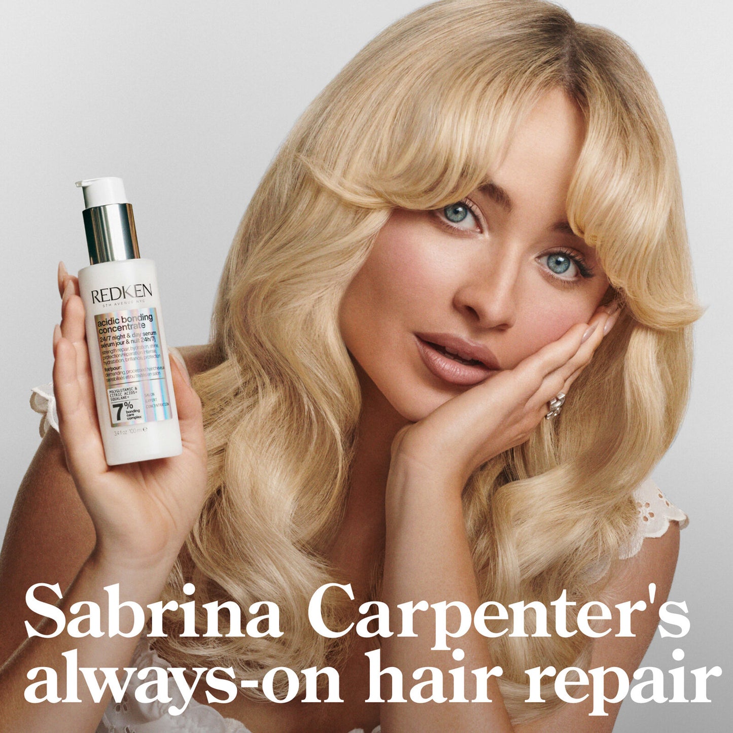 Redken acidic bonding concentrate 24/7 serum and shown by sabrina carpenter