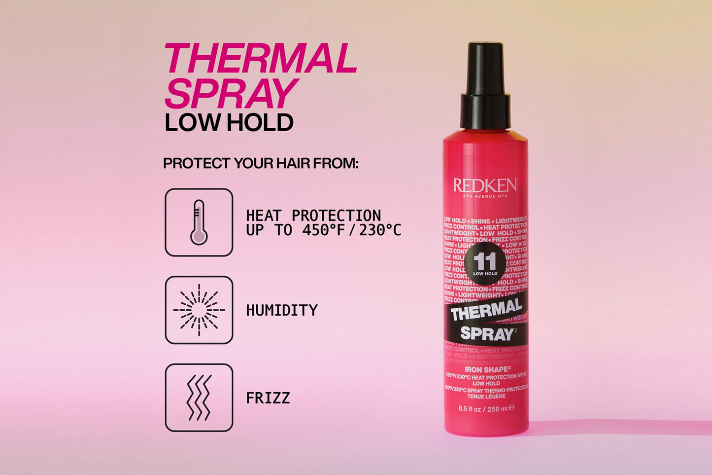 Redken Thermal Spray bottle with product features on a pink background