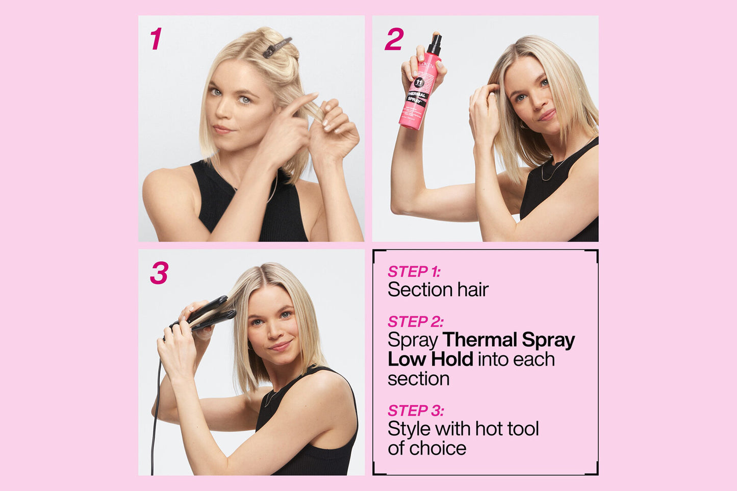 Redken thermal spray low hold step by step images of it being used.