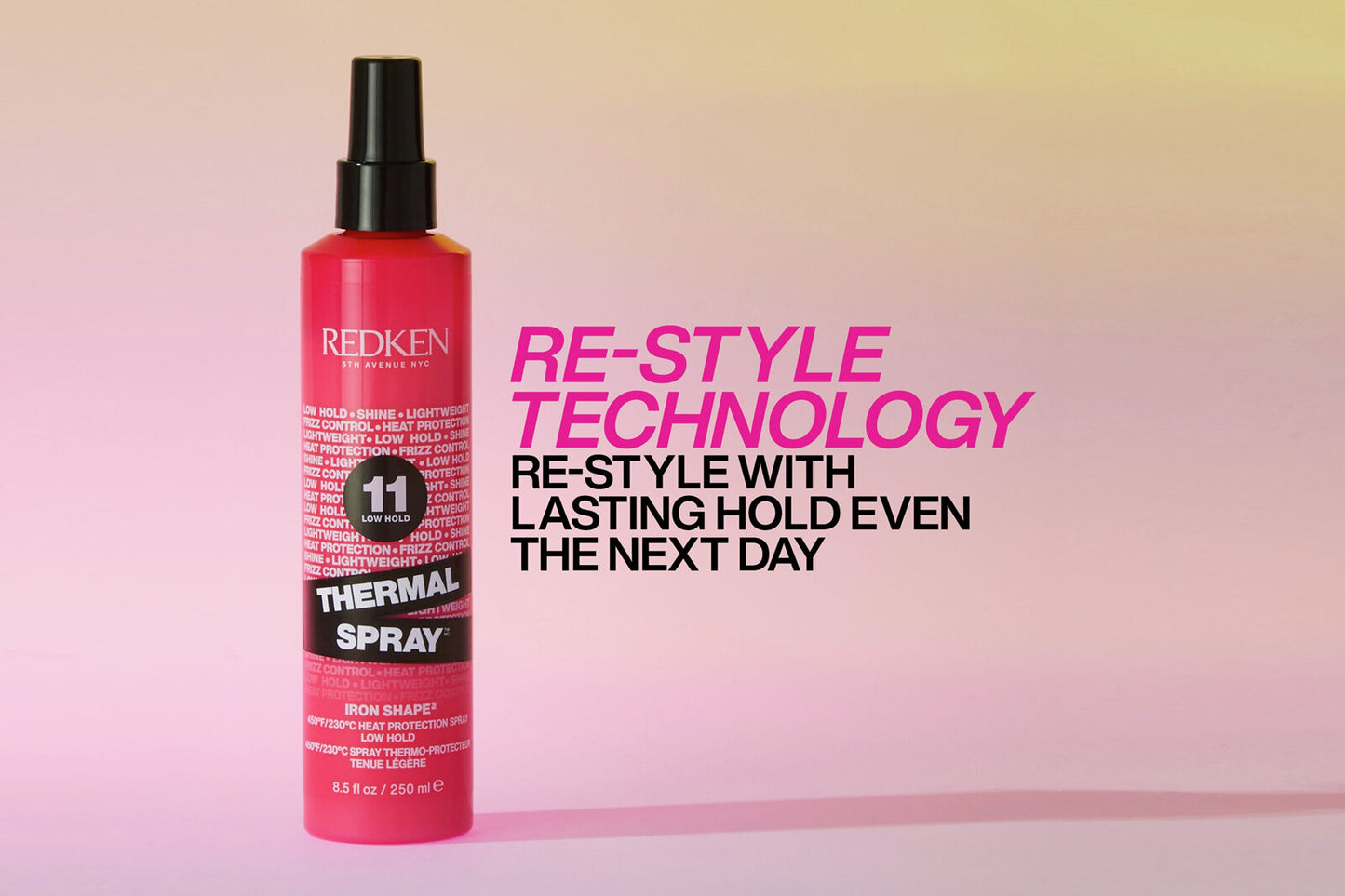 Redken thermal spray low hold , 250ml with product information text.