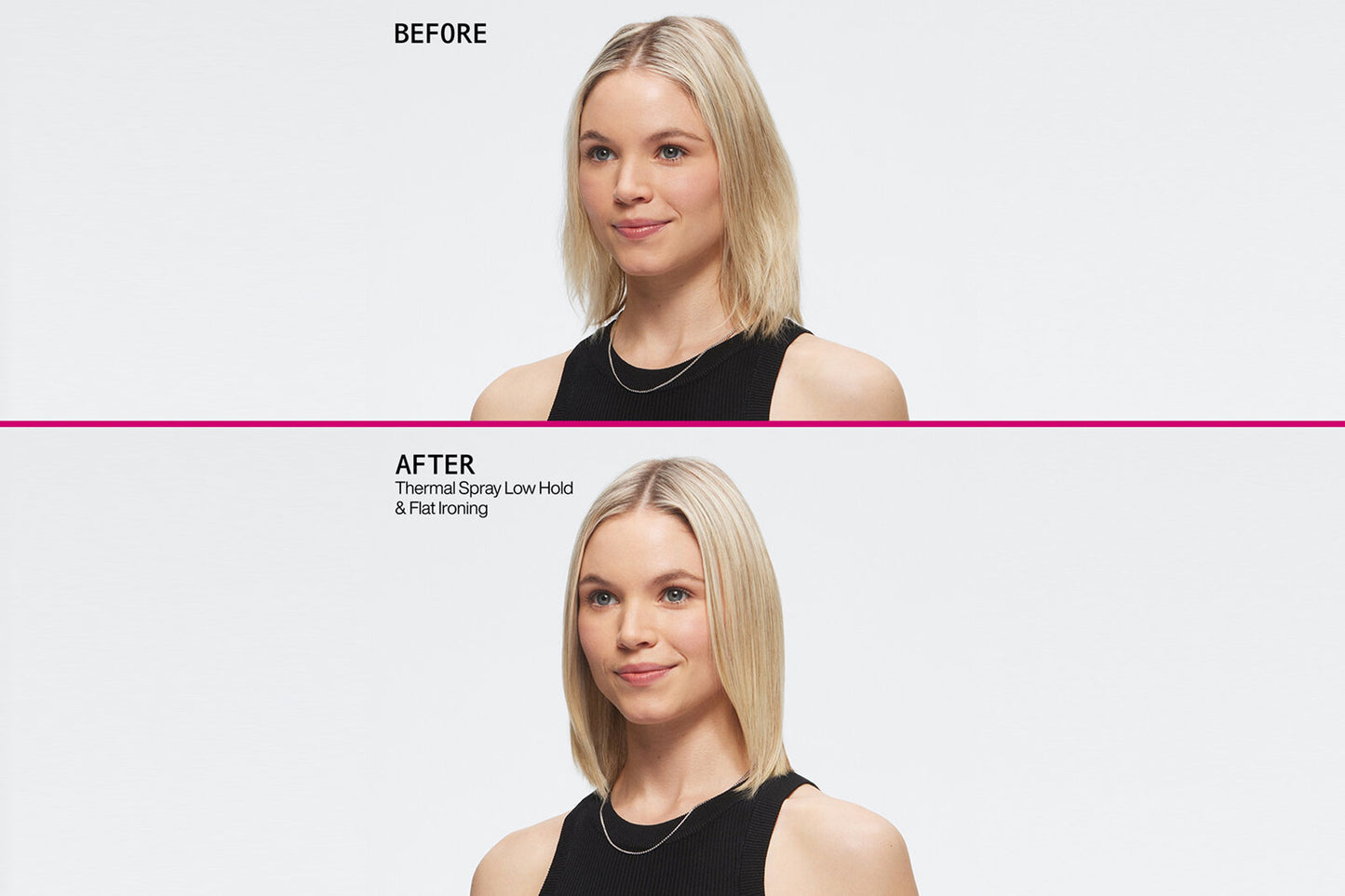 Before and after comparison of a woman with styled hair using redken thermal spray low hold