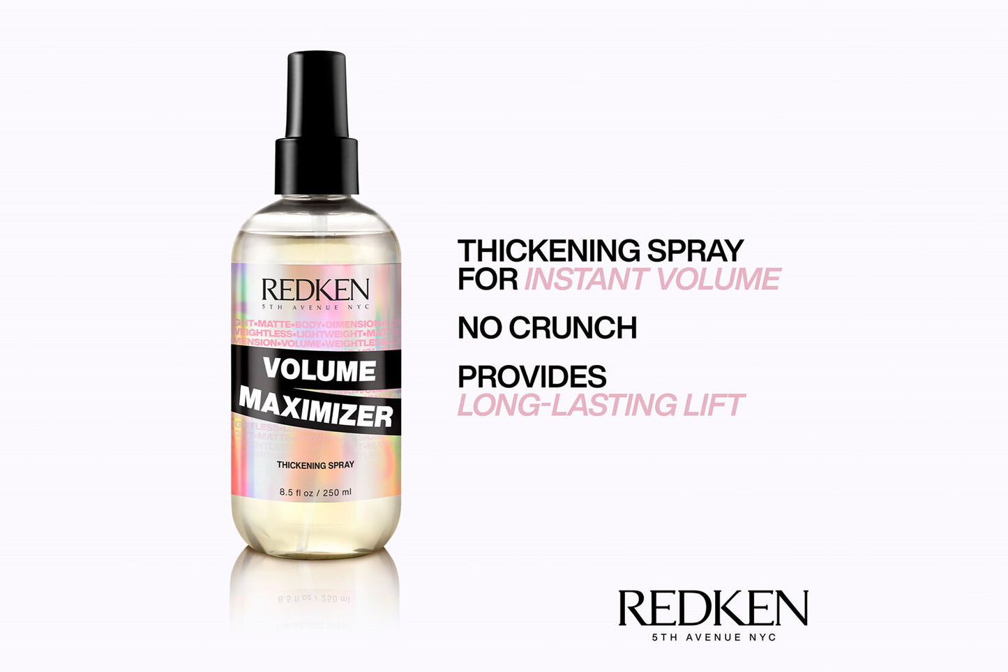 Redken Volume Maximizer spray with text explaining that it gives volume , no crunch and long lasting lift