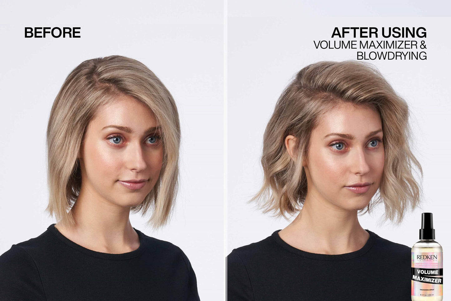 Before and after comparison of a woman's hair using redken volume maximizer and blowdrying.