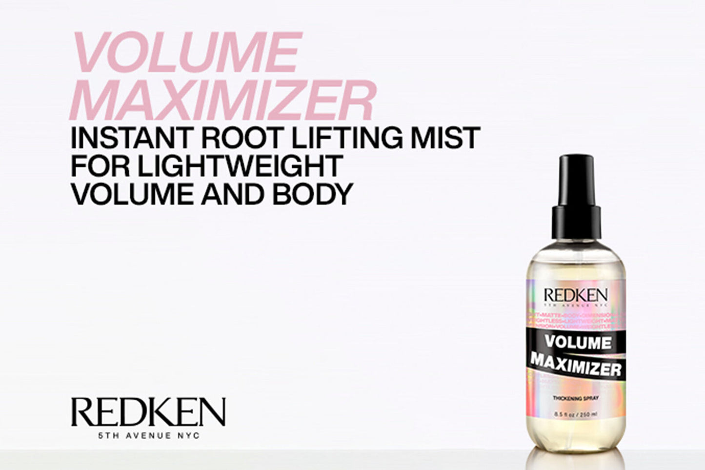 Redken Volume Maximizer spray on a white background with text about volume and body.