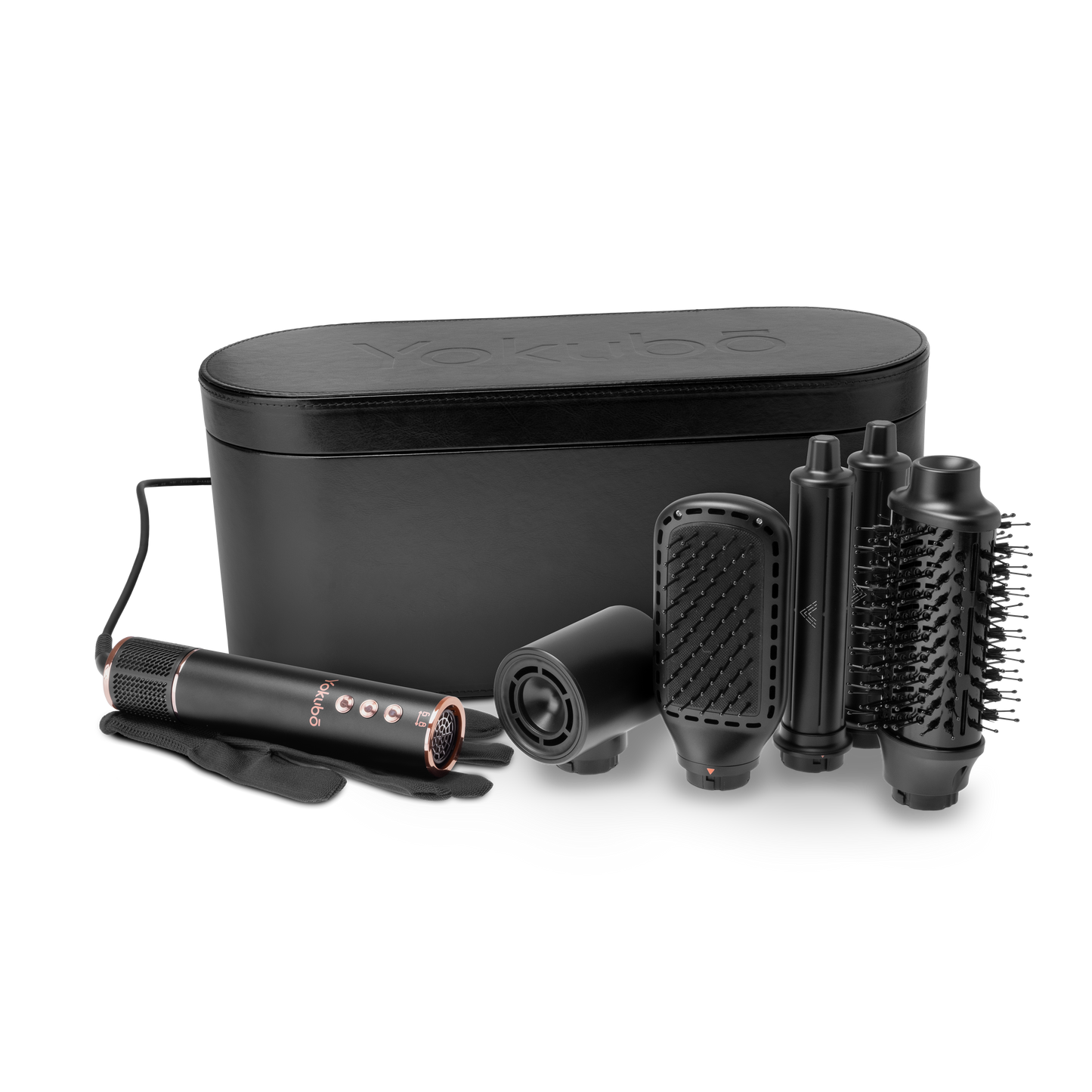 Yokubo air styler . Showing all the different tools , travel case and heat glove