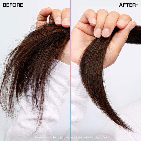 Before and after comparison of hair strands held by a hand, showing improved texture and length using redken acidic bonding concentrate 5 minute mask