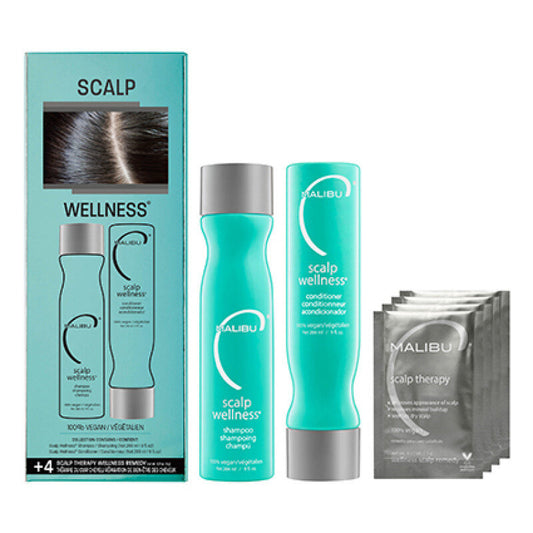 Malibu C Scalp wellness kit including scalp wellness shampoo, conditioner and treatments