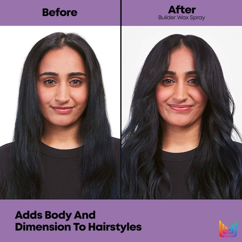 Before and after comparison of a woman's hairstyle using a builder wax spray, with text indicating product benefits.