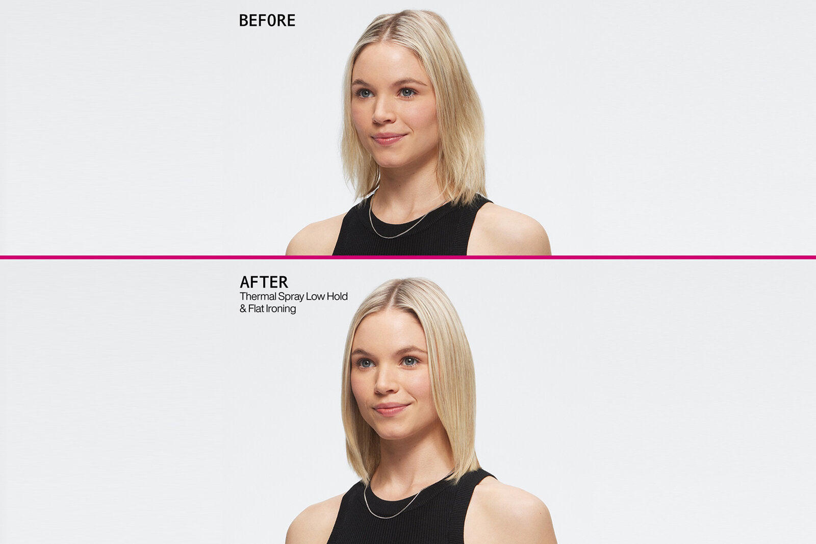 Before and after comparison of a woman with styled hair using redken thermal spray low hold 