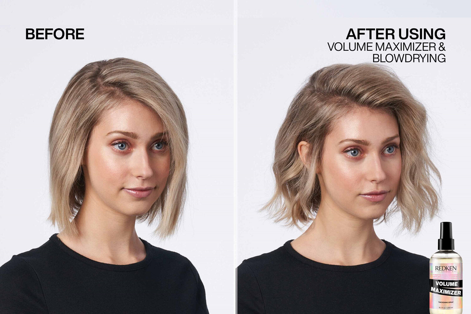 Before and after comparison of a woman's hair using redken volume maximizer and blowdrying.