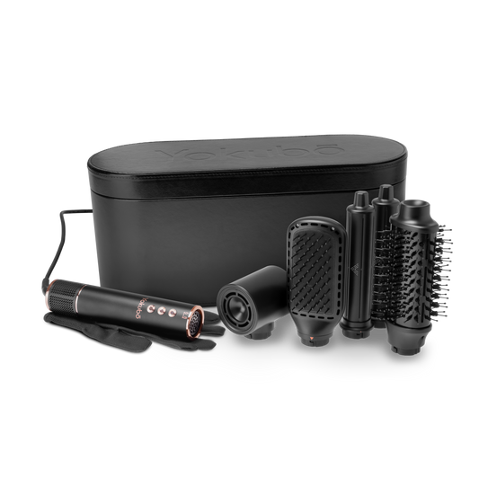 Yokubo air styler . Showing all the different tools , travel case and heat glove